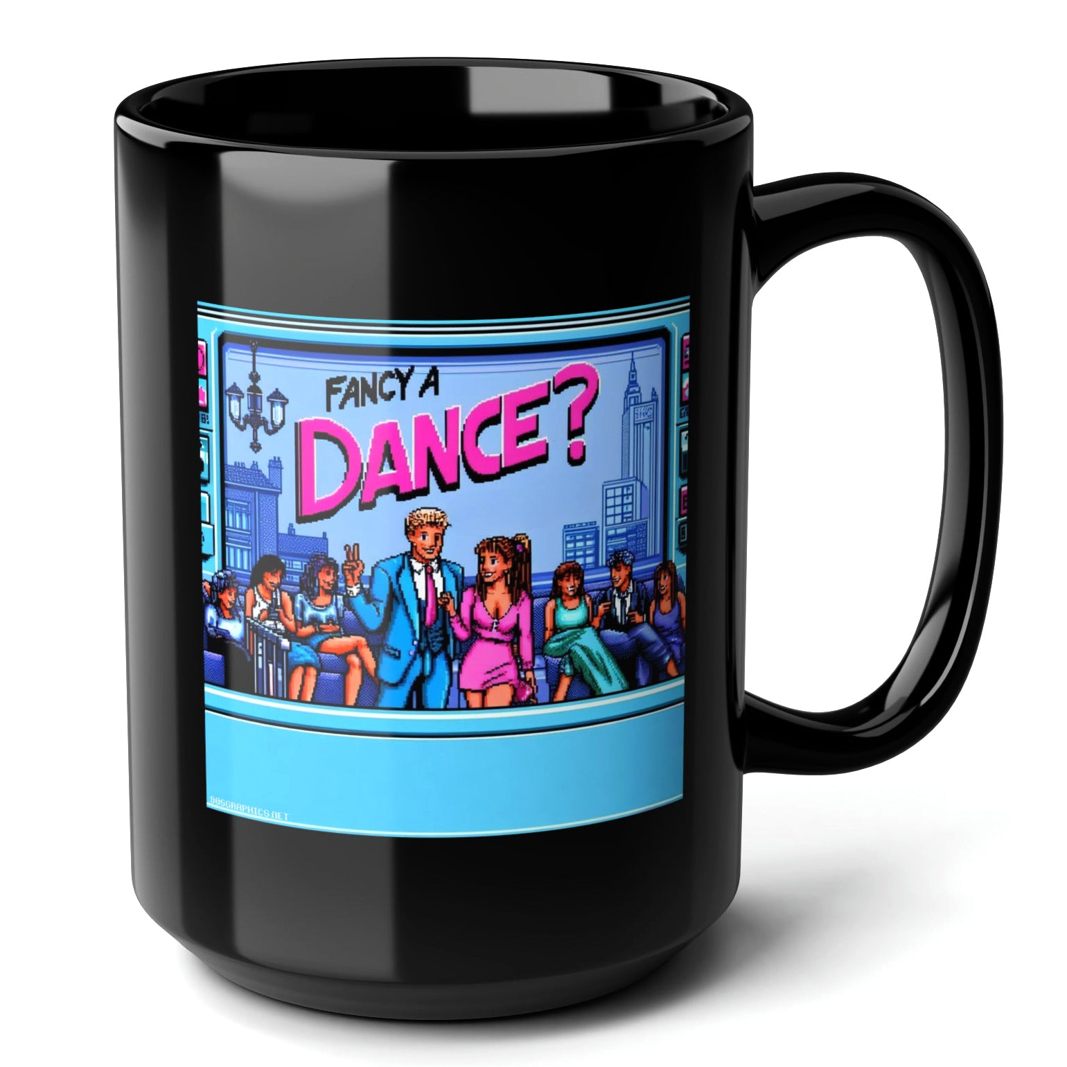 FANCY A DANCE Black Mug, (15oz) - gifts for 90s graphics enthusiasts-15oz-