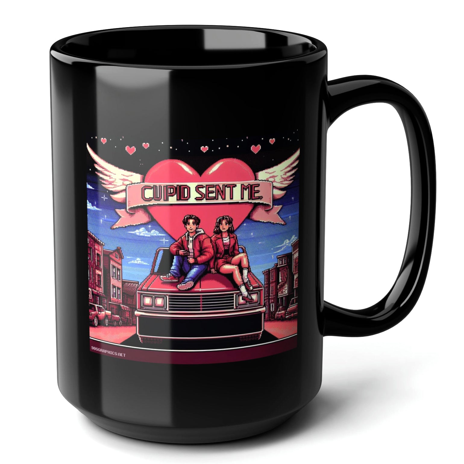 Cupid Sent Me Black Mug 15oz - romantic gift for gamers-15oz-