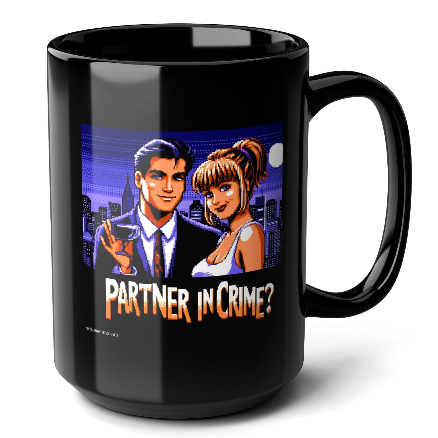 PARTNER IN CRIME Black Mug, (15oz) - best gifts for 90s slang lovers-15oz-