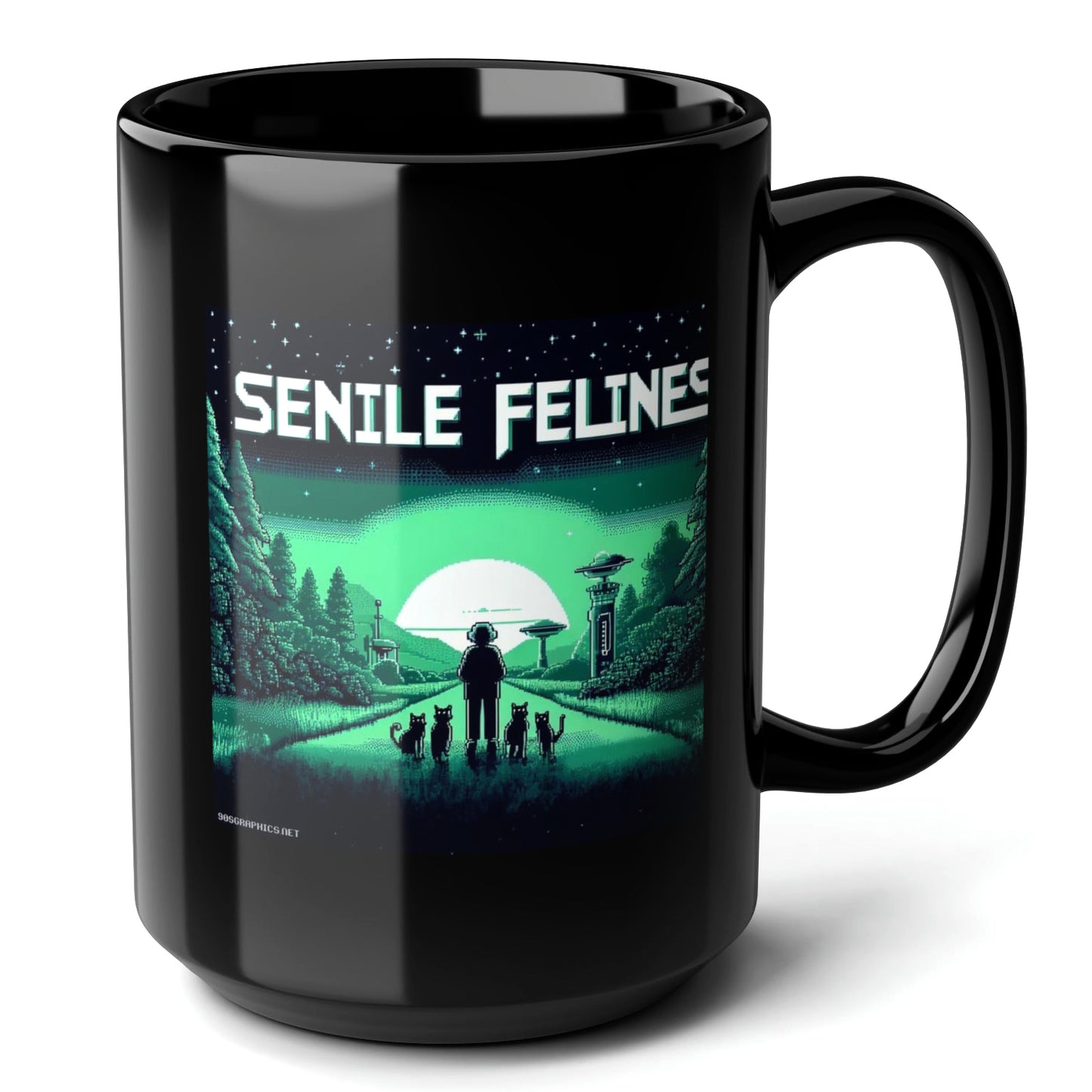 Senile Felines Black Mug 15oz - quirky present for a gamer-15oz-