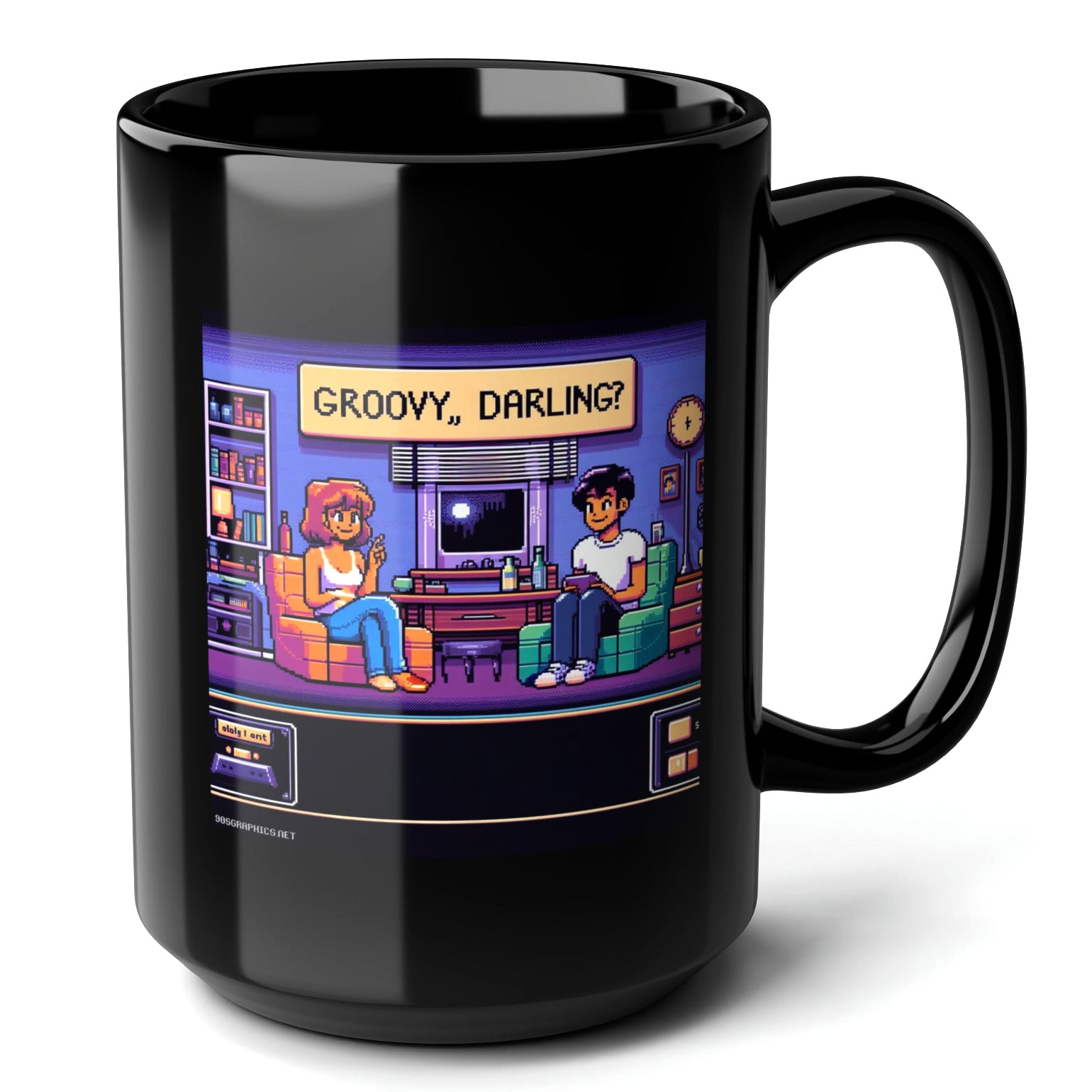 GROOVY DARLING Black Mug, (15oz) - christmas presents for 90s throwback fans-15oz-