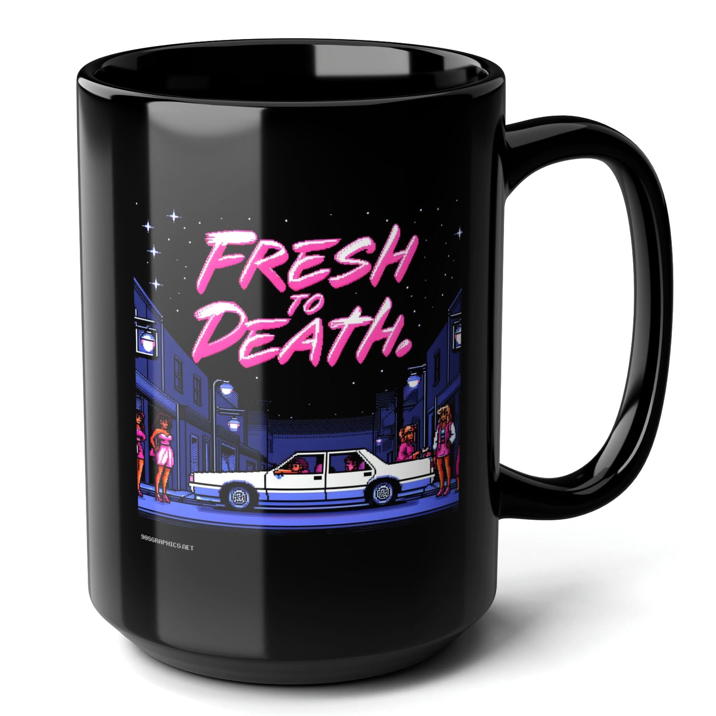 FRESH TO DEATH Black Mug, (15oz) - 90s throwback gifts for him-15oz-