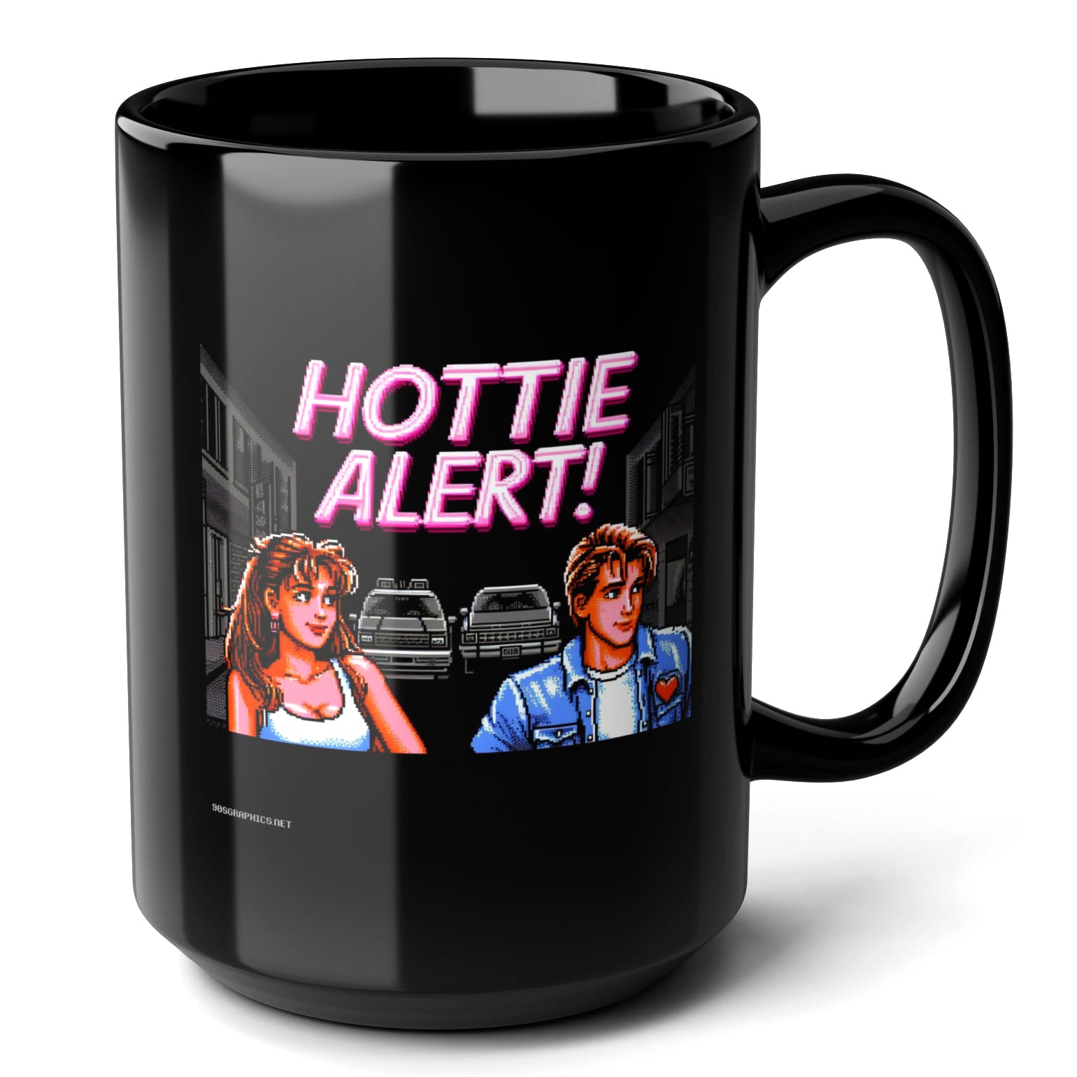 HOTTIE ALERT Black Mug, (15oz) - gifts for 90s throwback enthusiasts-15oz-