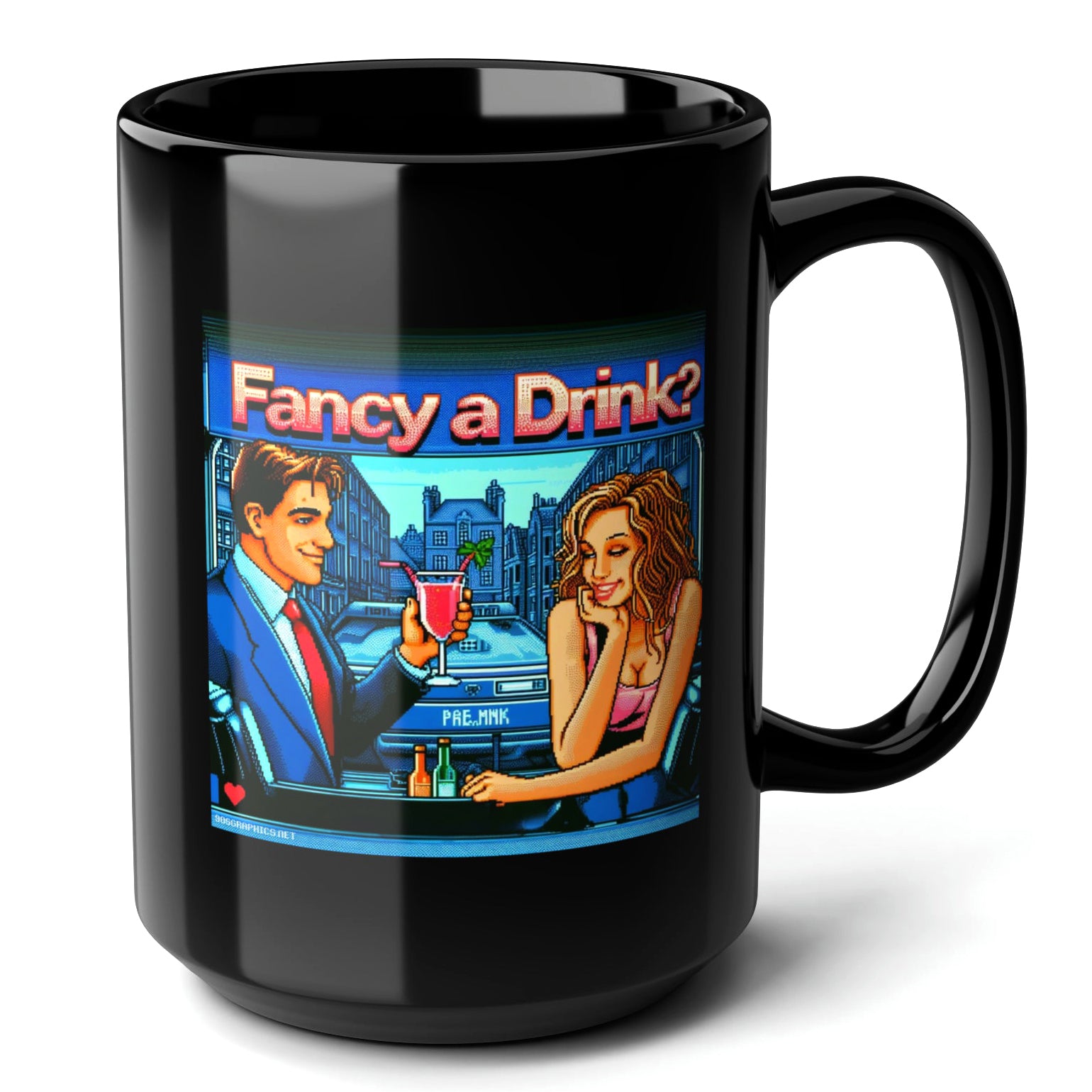 FANCY A DRINK Black Mug, (15oz) - gifts for retro fans who have everything-15oz-