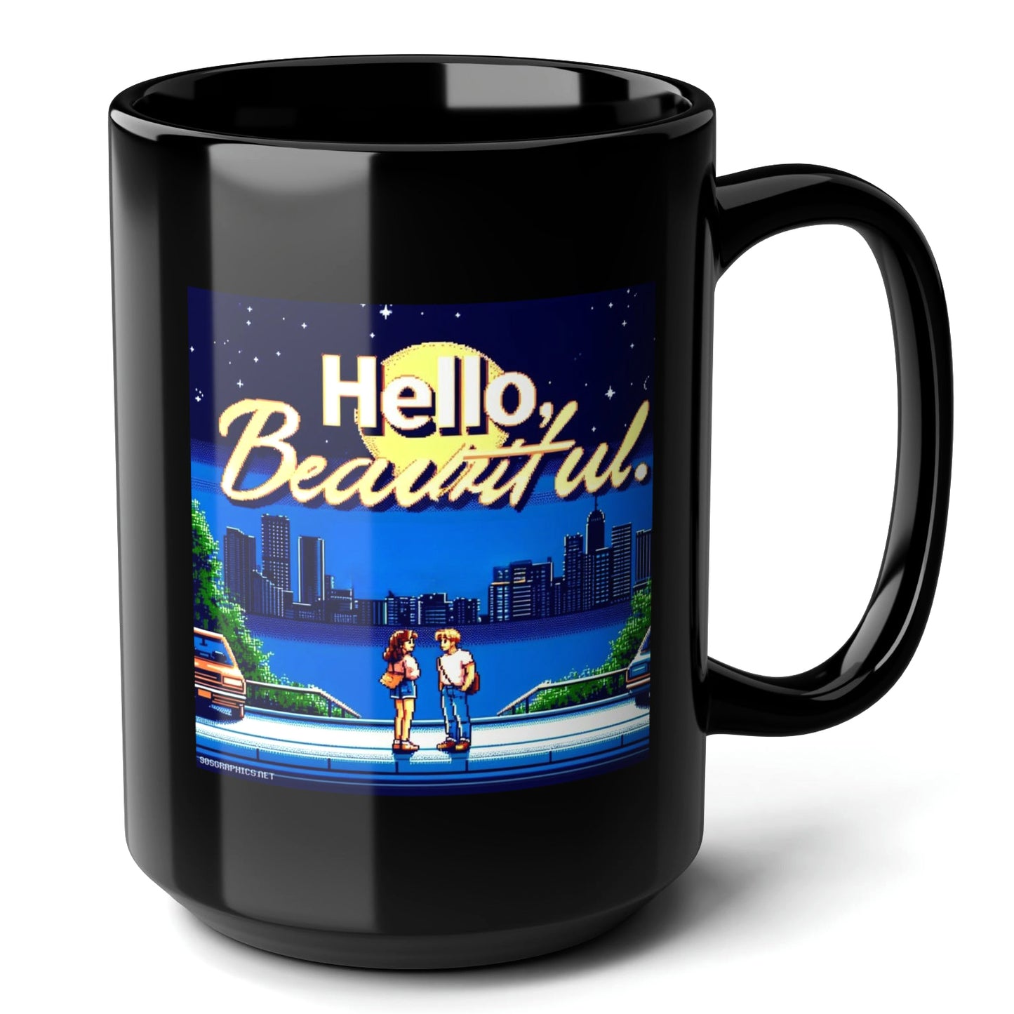 HELLO BEAUTIFUL Black Mug, (15oz) - unique gifts for retro fans-15oz-