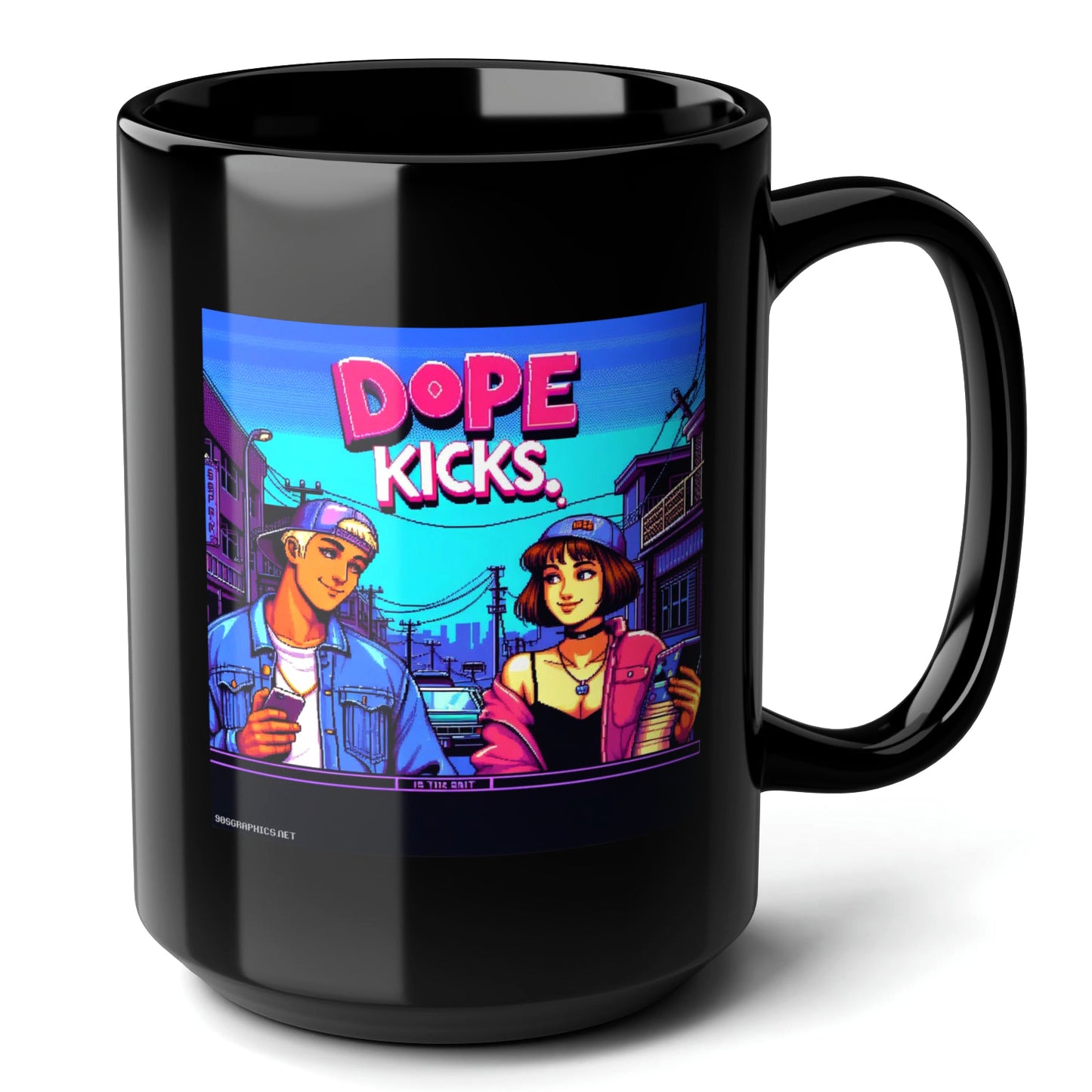 DOPE KICKS Black Mug, (15oz) - gifts for 90s throwback enthusiasts-15oz-