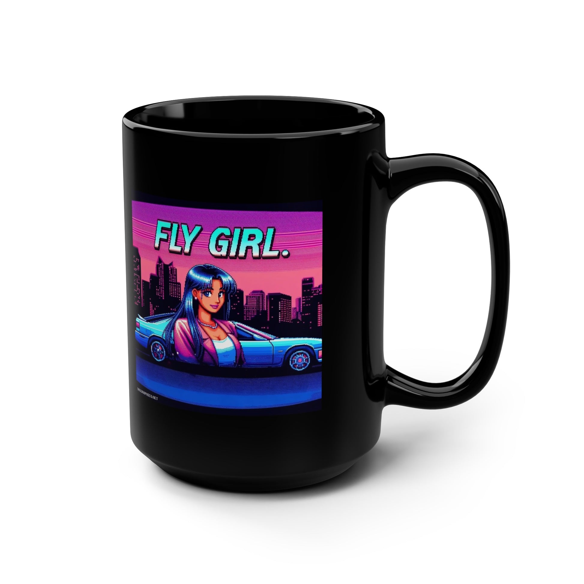 FLY GIRL Black Mug, (15oz) - cool gifts for 90s graphics lovers-15oz-