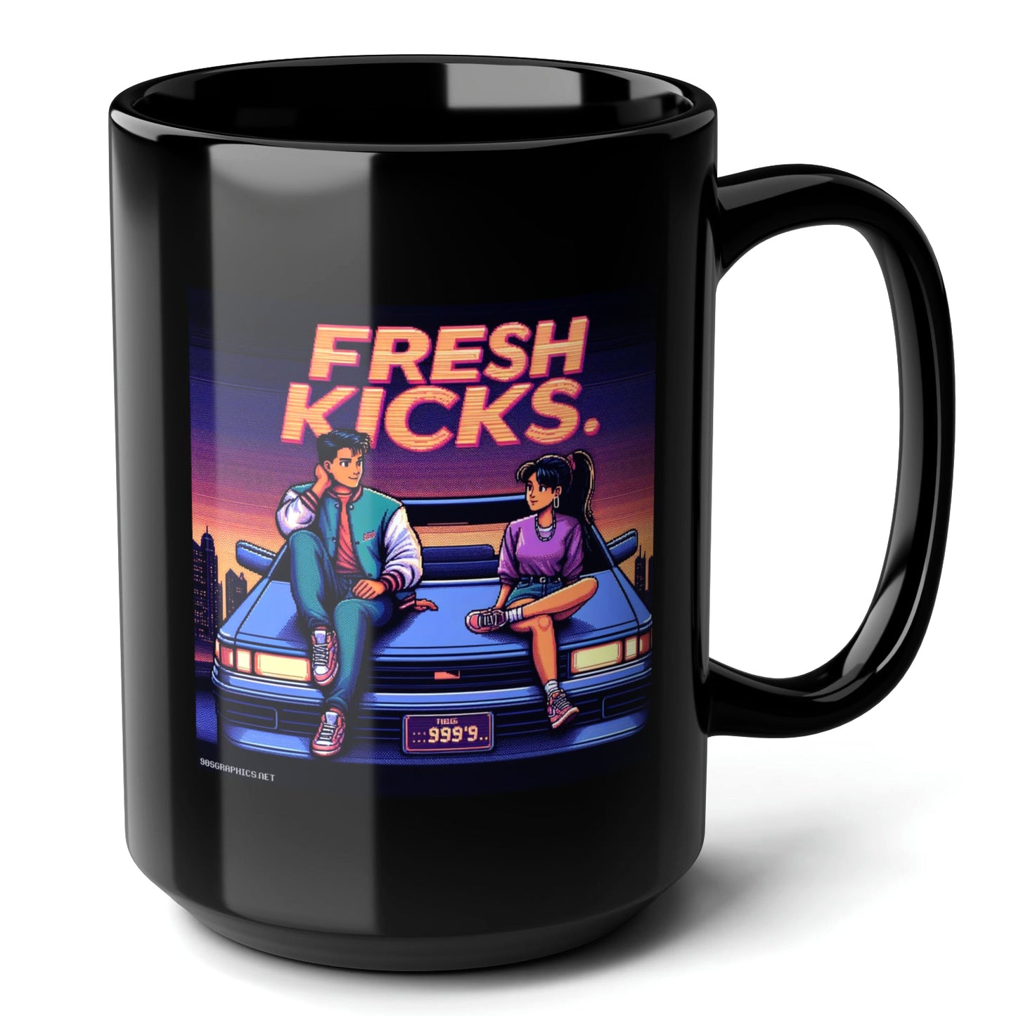 FRESH KICKS Black Mug, (15oz) - gifts for 90s graphics fans-15oz-