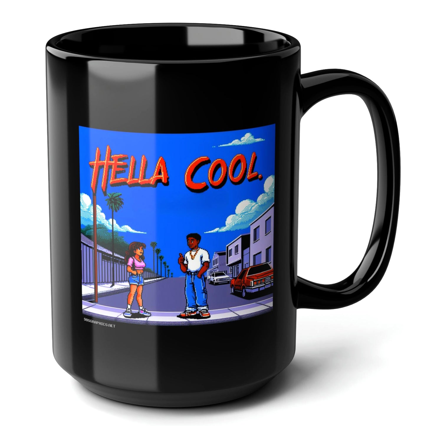 HELLA COOL Black Mug, (15oz) - gifts for 90s graphics lovers-15oz-