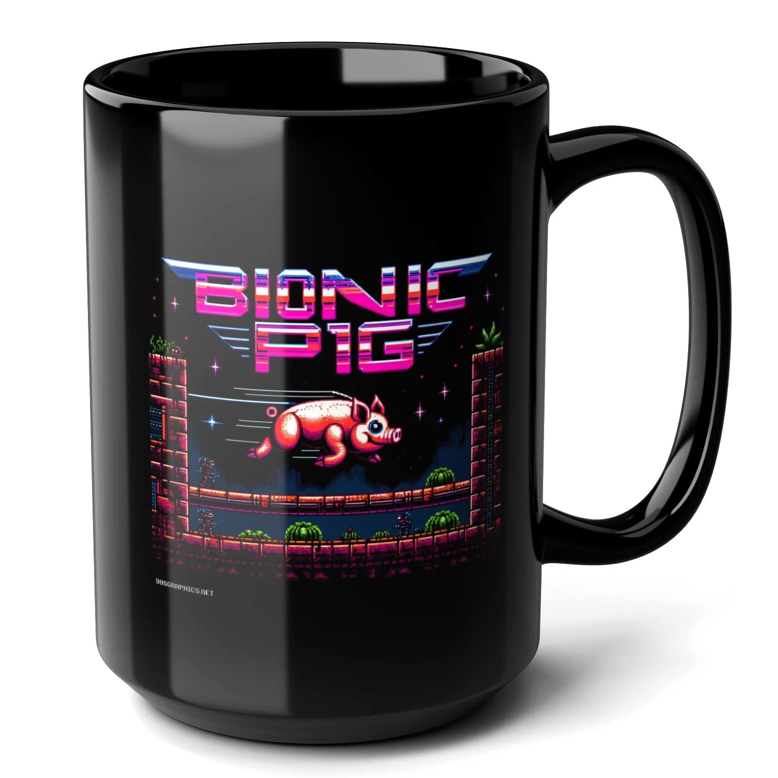 Bionic Pig Black Mug (15oz) - video game gifts-15oz-