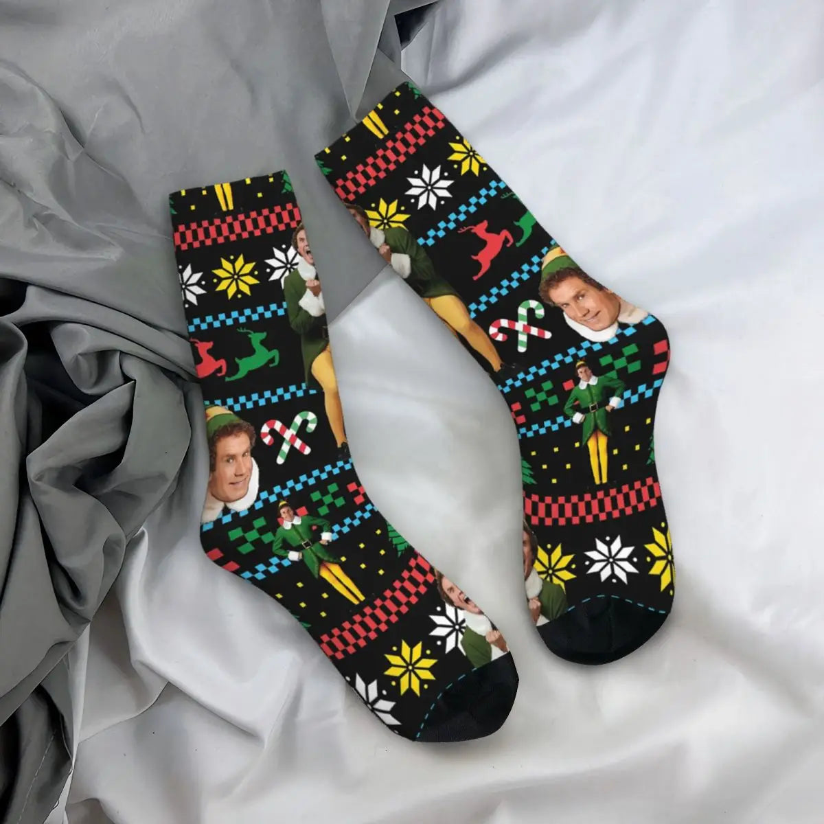 Buddy The Elf Ugly Christmas Sweater Socks - Xmas Movie Will Ferrell Kawaii - Sports Cartoon Pattern Harajuku Men's Happy Hip Hop-WHITE-One Size-