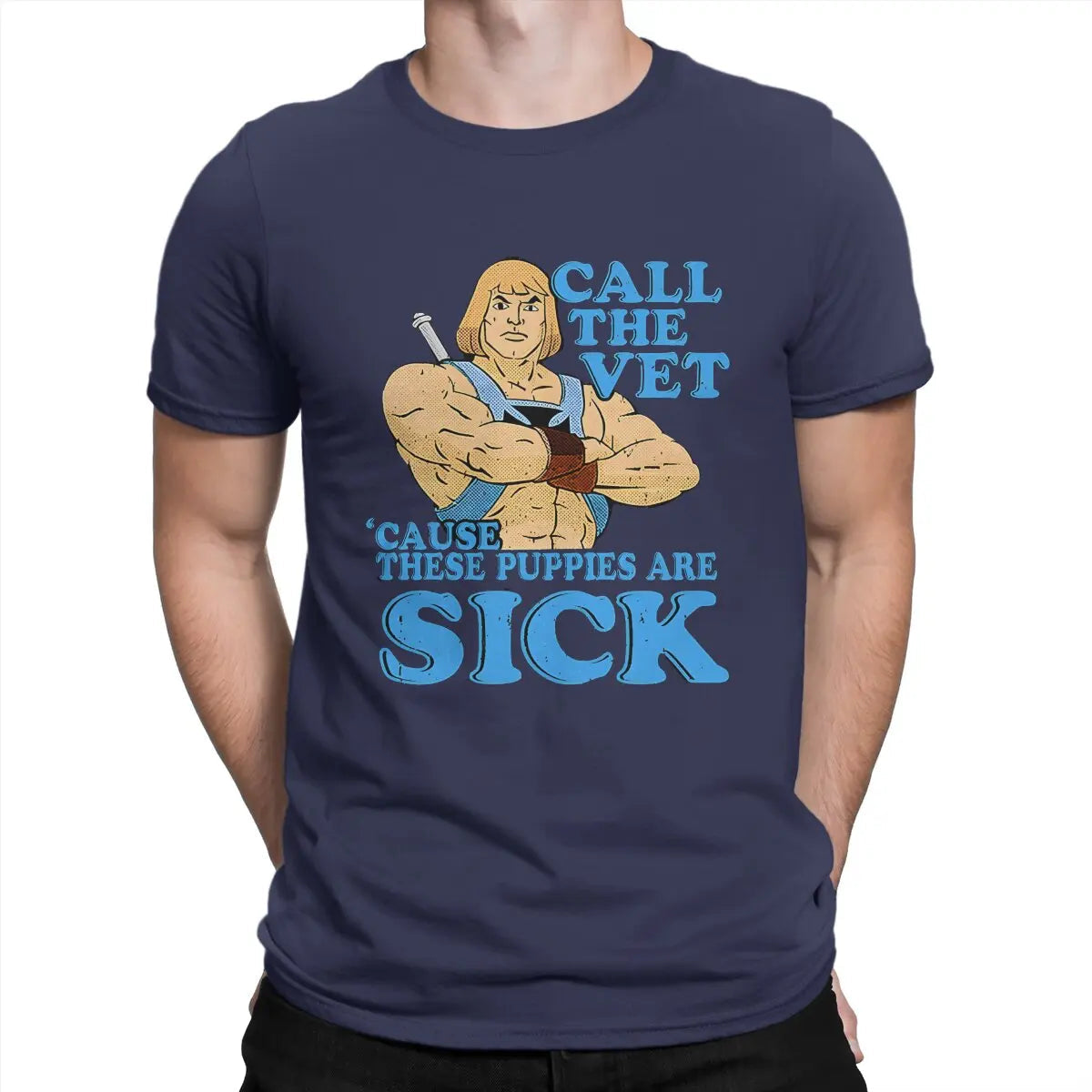 Call the Vet Funny He-Man T-Shirt: Masters of the Universe Crewneck Cotton Short Sleeve Gift Idea - Gift For Vets-Navy Blue-L-