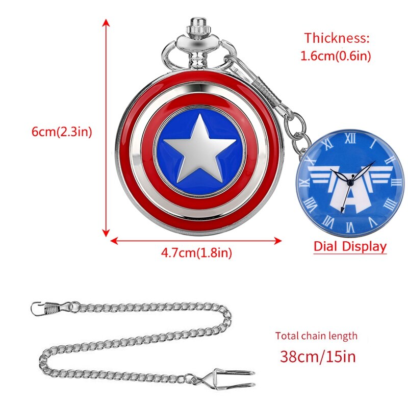 Classic Captain America Stars Shield - Romantic Steampunk Film Gift For Men & Women - Quartz Pocket Watch With Chain - Cult Movie Present-38cm Chain Blue Dial-