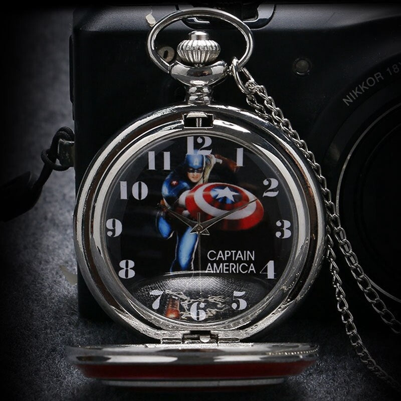 Classic Captain America Stars Shield - Romantic Steampunk Film Gift For Men & Women - Quartz Pocket Watch With Chain - Cult Movie Present-