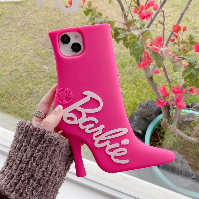 Cute Barbie Cartoon High-heeled Shoes Phone Case for iPhone 15 14 13 12 Pro Max - Shockproof, Soft Silicone Protective Cover-