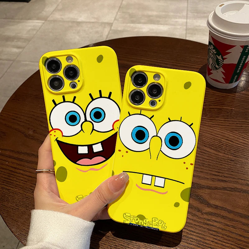 Cute Cartoon SpongeBob Phone Case for iPhone 16 15 14 13 12 11 - Protection Glossy HD PC Cover-