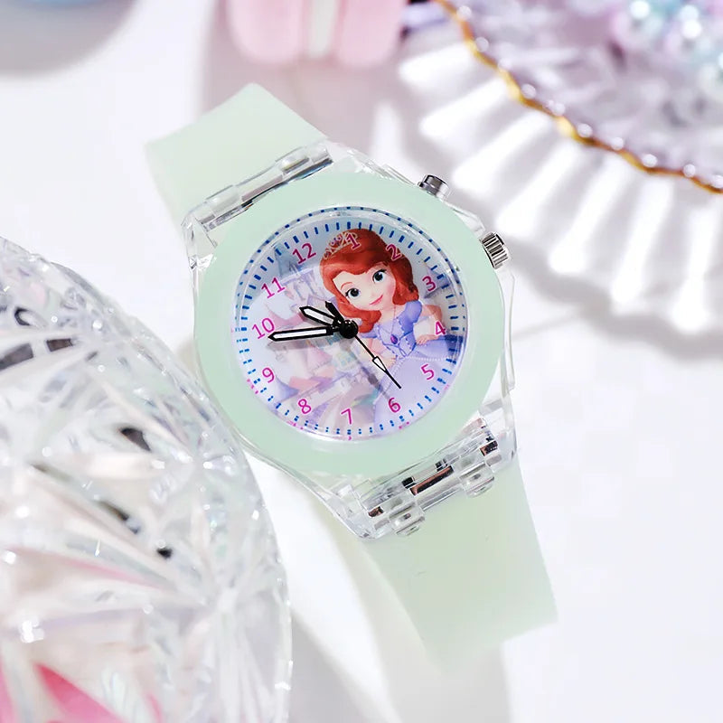 Disney Frozen Watch - Elsa and Anna Princess Design - Colorful LED Light for Girls - Student Clock Birthday Gift-Sophia Green-