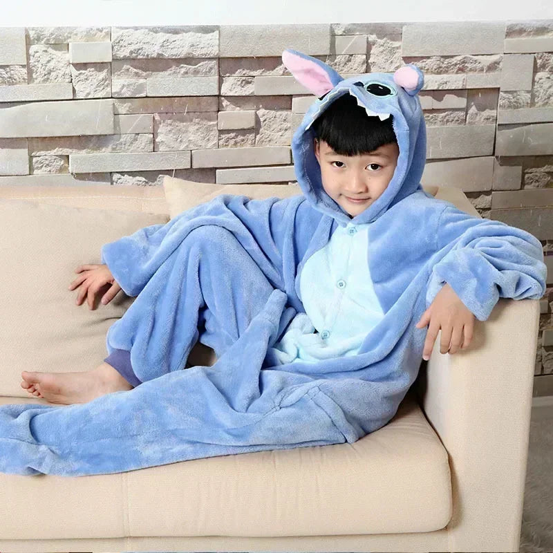 Disney Lilo & Stitch Pajama Children Cartoon Plush Kigurumi Onesies Winter Warm Clothes for Boys Girls Christmas Gifts-