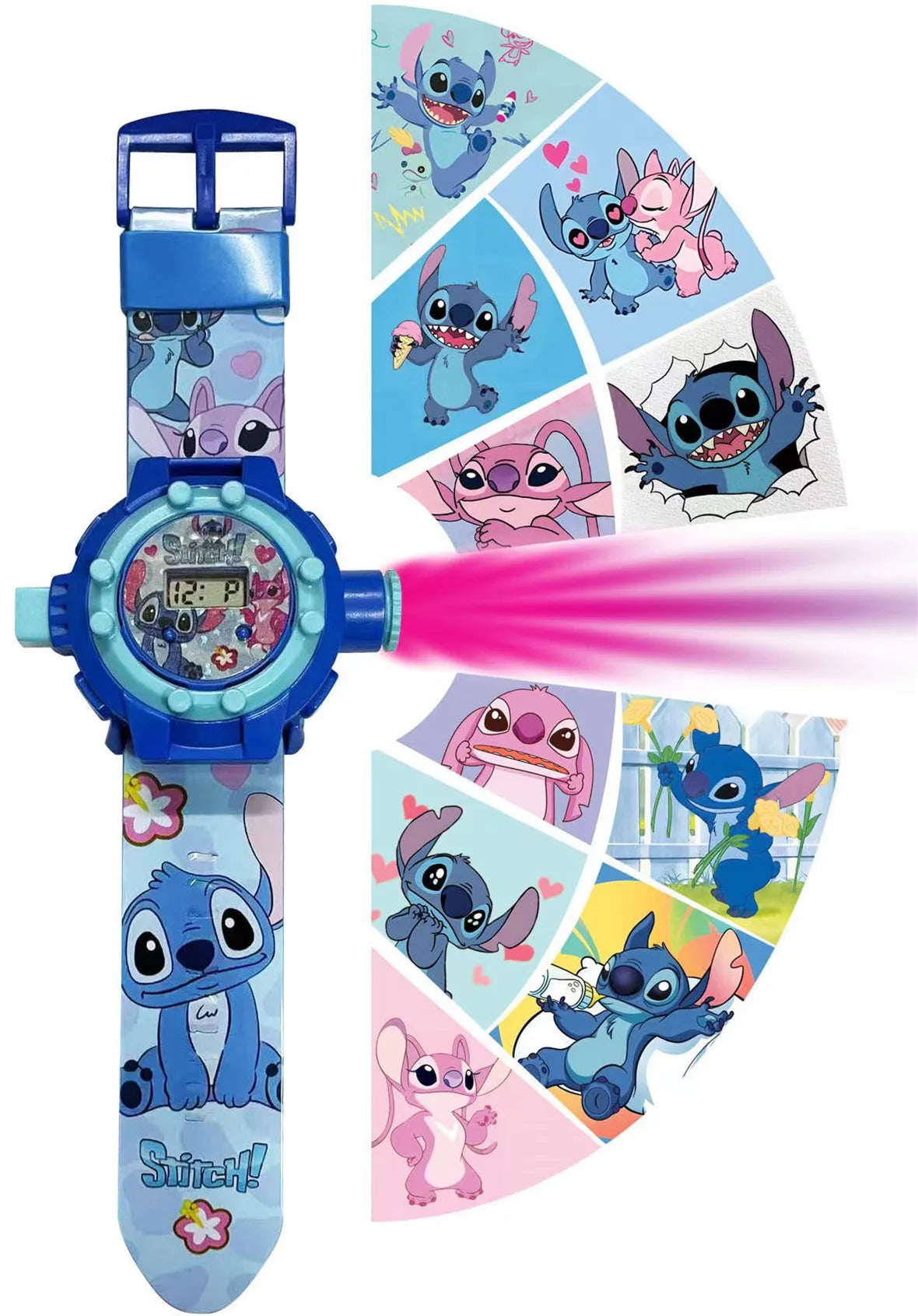 Disney Stitch Projection Watch - Includes Keychain - Flashing Cartoon Design for Kids - Electronic Toy Perfect for Christmas-