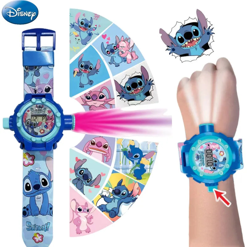 Disney Stitch Projection Watch - Includes Keychain - Flashing Cartoon Design for Kids - Electronic Toy Perfect for Christmas-