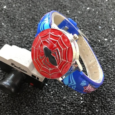 Spiderman Kids Watch - Avengers Cartoon Theme Design - Leather Children’s Wrist Clock-Blue-