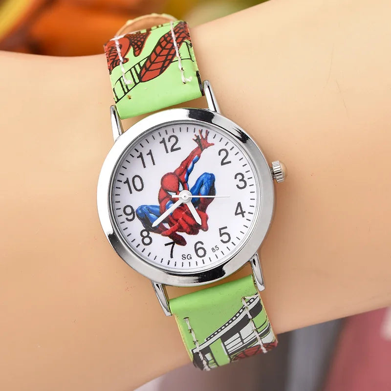 Disney Spider-Man Watch - Cute Cartoon Style - Kids Quartz Watch with Leather Strap - Perfect for Boys and Christmas Gifts-green-