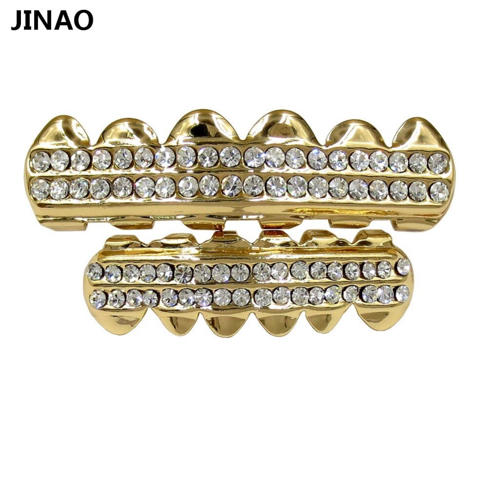 JINAO Gold Color Plated 2 ROWS ICED OUT CZ Teeth GRILLZ Top Bottom Tooth Caps Hip Hop Bling NEW Gold shiny Grills Sets-