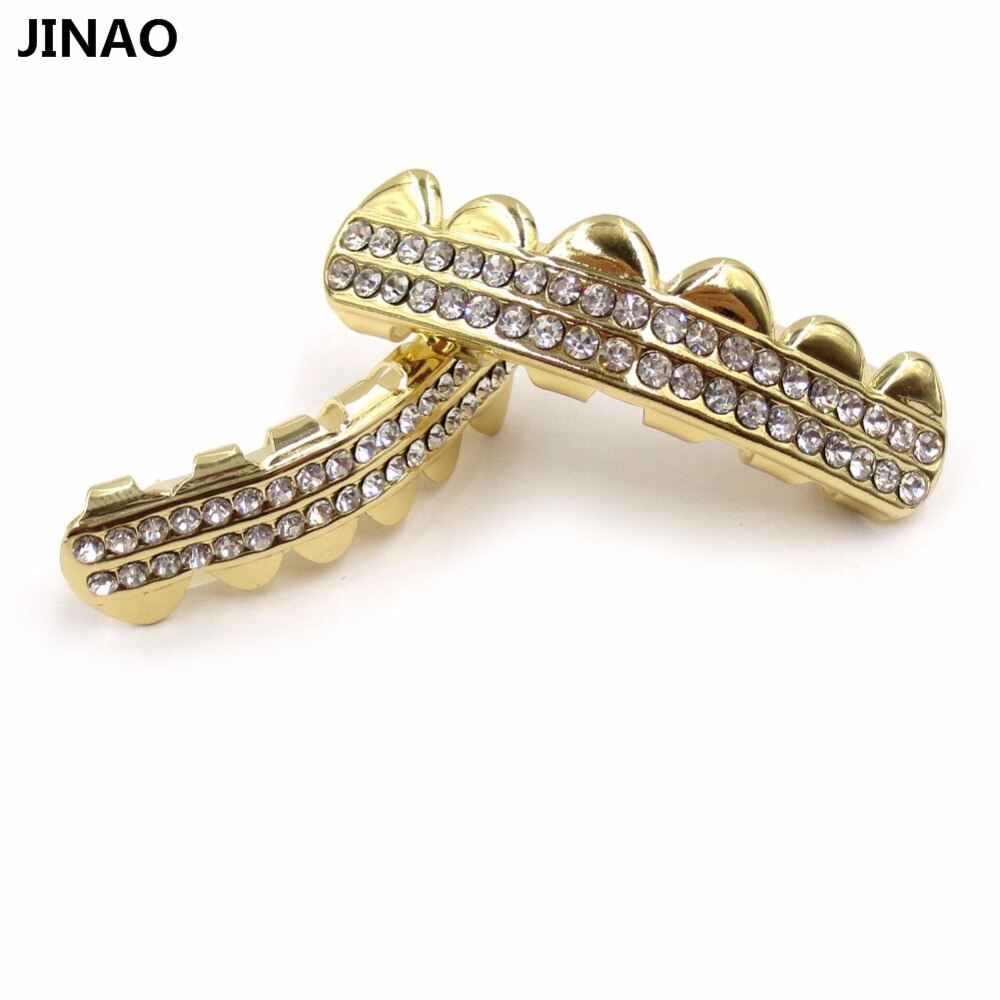 JINAO Gold Color Plated 2 ROWS ICED OUT CZ Teeth GRILLZ Top Bottom Tooth Caps Hip Hop Bling NEW Gold shiny Grills Sets-