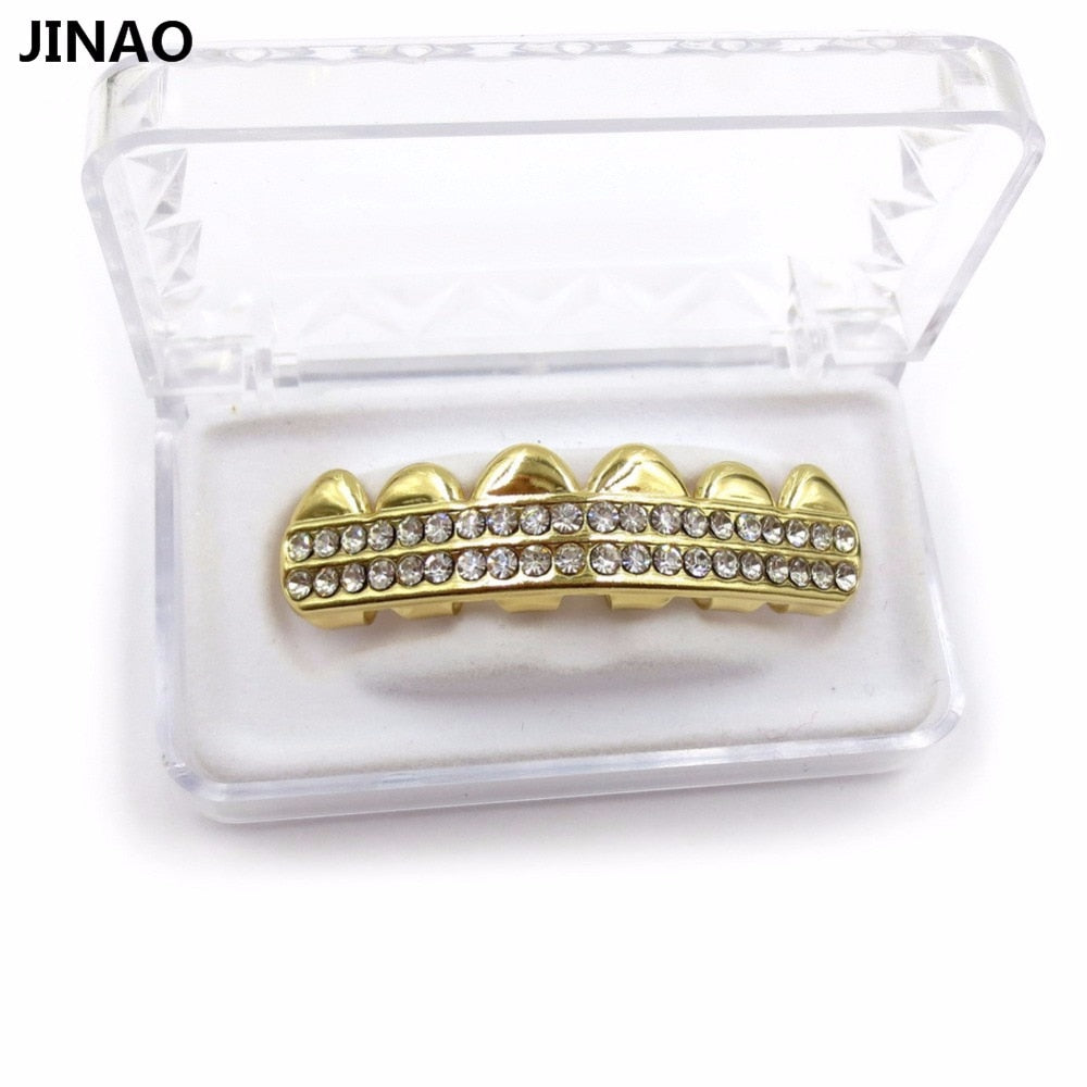 JINAO Gold Color Plated 2 ROWS ICED OUT CZ Teeth GRILLZ Top Bottom Tooth Caps Hip Hop Bling NEW Gold shiny Grills Sets-