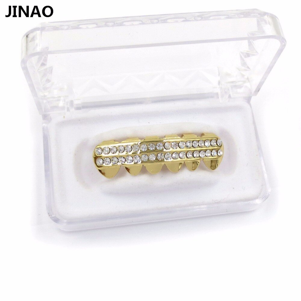 JINAO Gold Color Plated 2 ROWS ICED OUT CZ Teeth GRILLZ Top Bottom Tooth Caps Hip Hop Bling NEW Gold shiny Grills Sets-