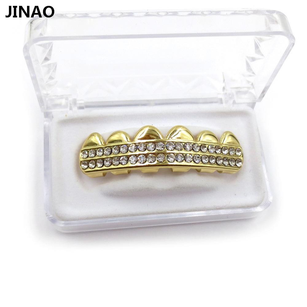 JINAO Gold Color Plated 2 ROWS ICED OUT CZ Teeth GRILLZ Top Bottom Tooth Caps Hip Hop Bling NEW Gold shiny Grills Sets-TOP-China-