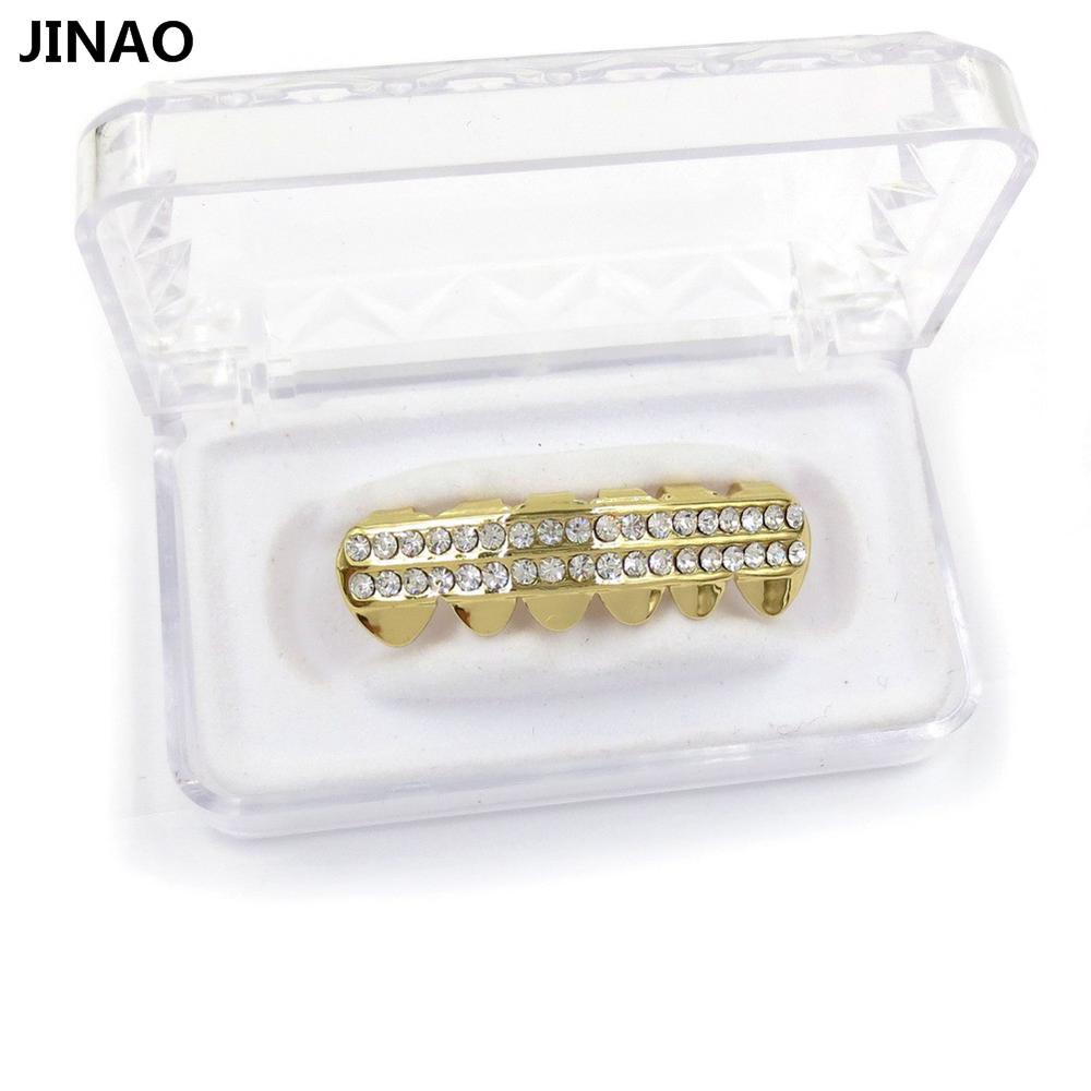 JINAO Gold Color Plated 2 ROWS ICED OUT CZ Teeth GRILLZ Top Bottom Tooth Caps Hip Hop Bling NEW Gold shiny Grills Sets-BOTTOM-China-