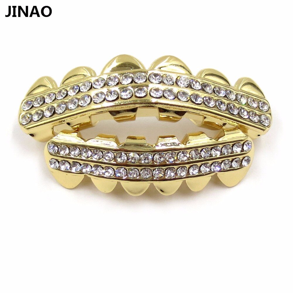 JINAO Gold Color Plated 2 ROWS ICED OUT CZ Teeth GRILLZ Top Bottom Tooth Caps Hip Hop Bling NEW Gold shiny Grills Sets-