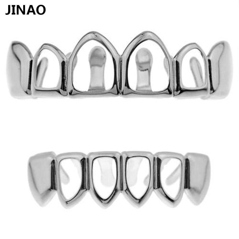 JINAO Hip Hop Gold Grillz Body Jewelry Vampire Hollow Grill Teeth Top & Bottom Grills Dental Mouth Punk Teeth Caps Cosplay Party-Silver Set-Worldwide-