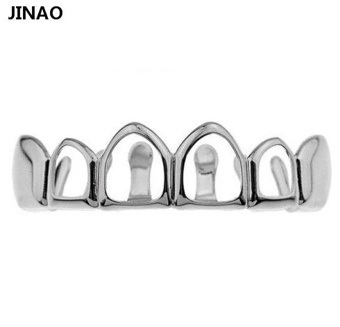 JINAO Hip Hop Gold Grillz Body Jewelry Vampire Hollow Grill Teeth Top & Bottom Grills Dental Mouth Punk Teeth Caps Cosplay Party-Silver Top-Worldwide-