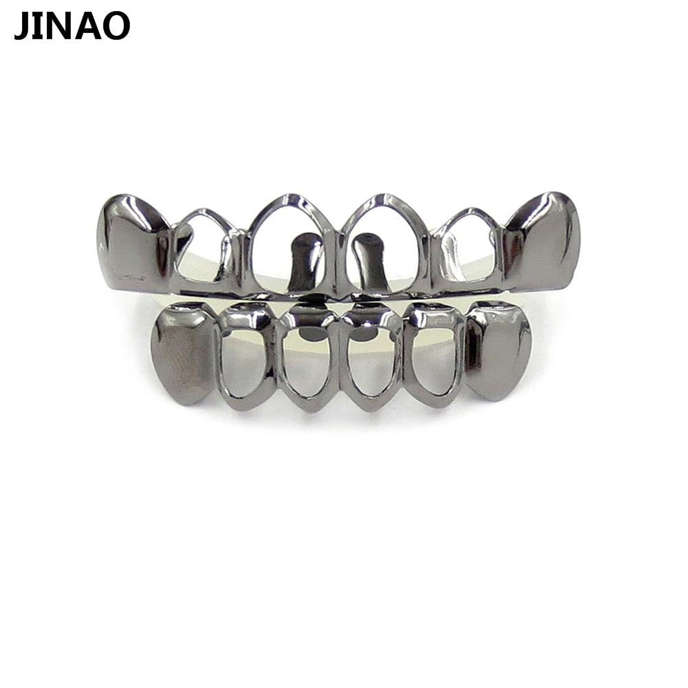 JINAO Hip Hop Gold Grillz Body Jewelry Vampire Hollow Grill Teeth Top & Bottom Grills Dental Mouth Punk Teeth Caps Cosplay Party-Black Set-Worldwide-