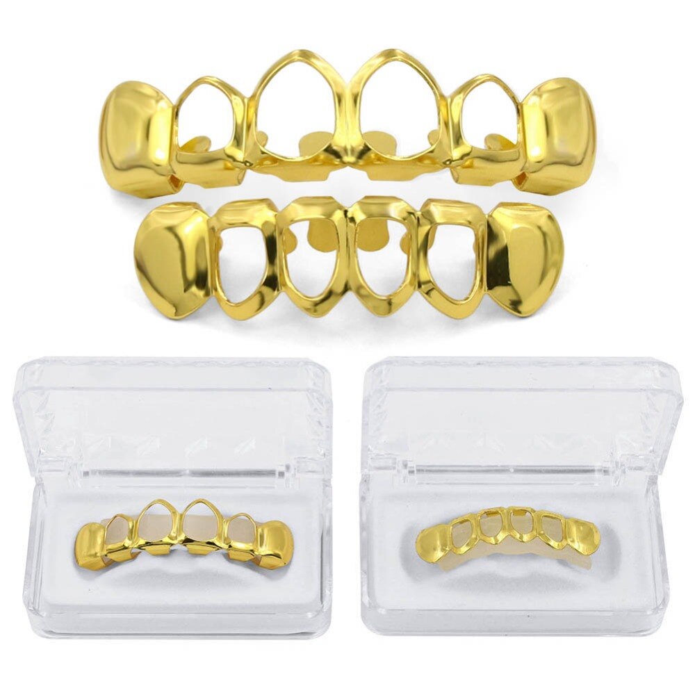 JINAO Hip Hop Gold Grillz Body Jewelry Vampire Hollow Grill Teeth Top & Bottom Grills Dental Mouth Punk Teeth Caps Cosplay Party-