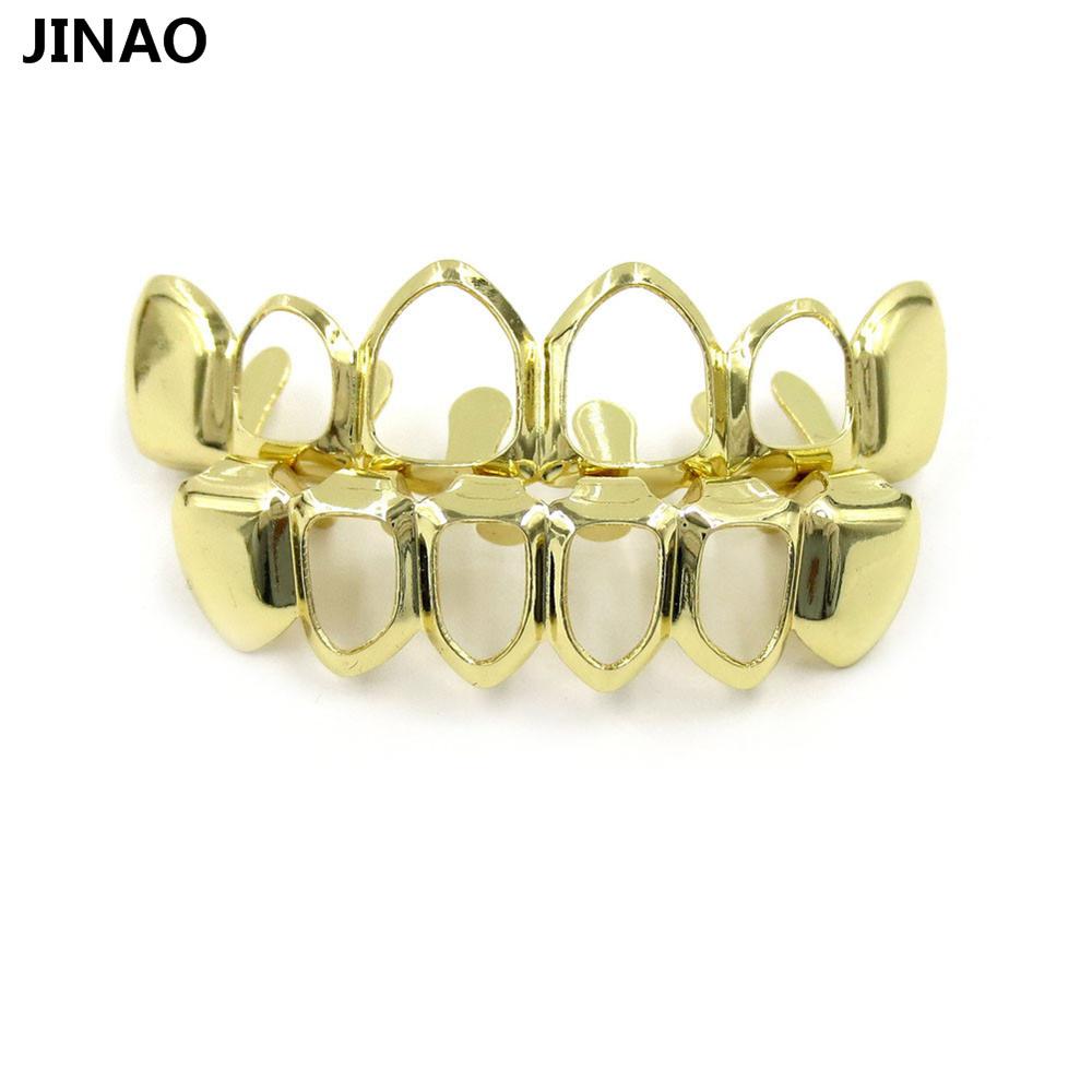 JINAO Hip Hop Gold Grillz Body Jewelry Vampire Hollow Grill Teeth Top & Bottom Grills Dental Mouth Punk Teeth Caps Cosplay Party-Gold Set-Worldwide-