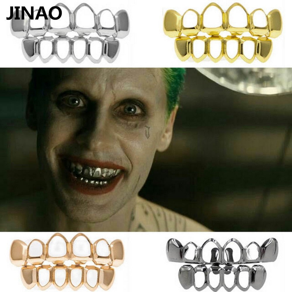 JINAO Hip Hop Gold Grillz Body Jewelry Vampire Hollow Grill Teeth Top & Bottom Grills Dental Mouth Punk Teeth Caps Cosplay Party-