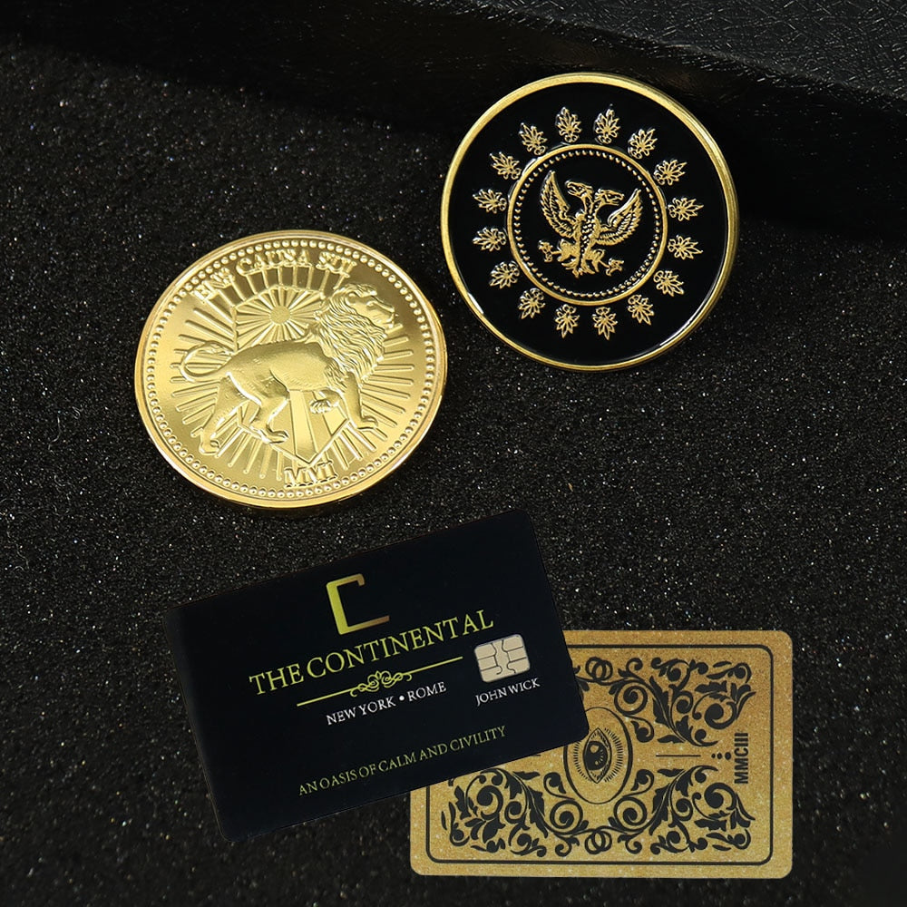 John Wick - Action Movie - Gold/Black Coin - Cosplay Continental - Hotel Card Adjudicator - Black Medallion Keanu Reeves - Props-