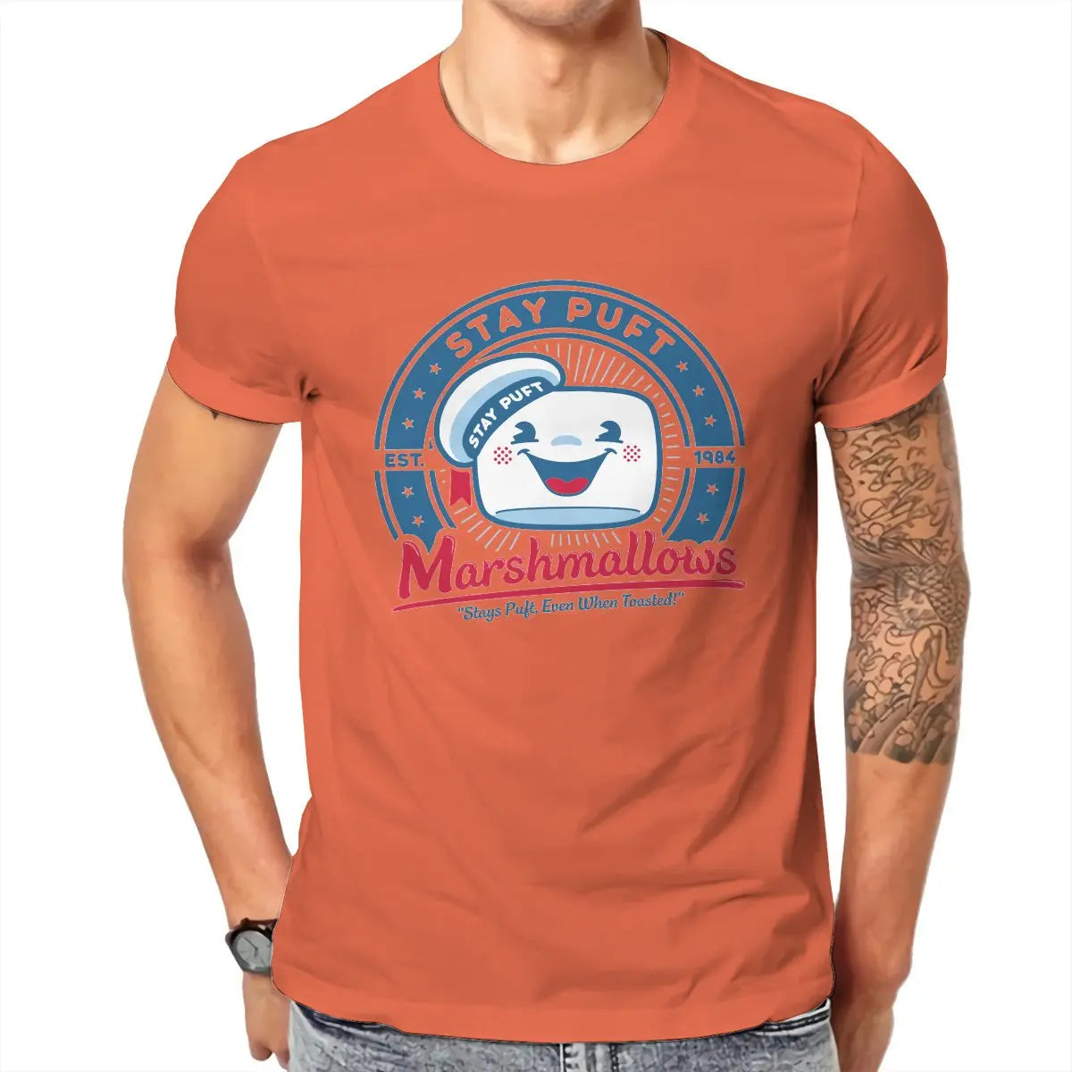 Marshmallow Graphic T-Shirt for Men - Classic O-Neck Pure Cotton Ghostbusters Design-Orange-6XL-