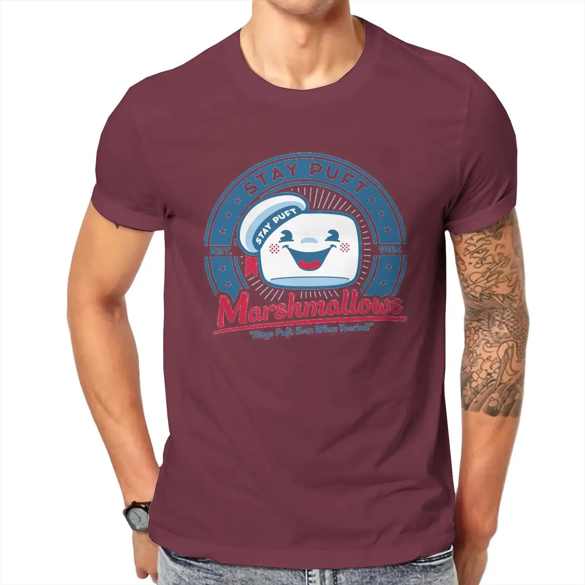 Marshmallow Graphic T-Shirt for Men - Classic O-Neck Pure Cotton Ghostbusters Design-Burgundy-5XL-