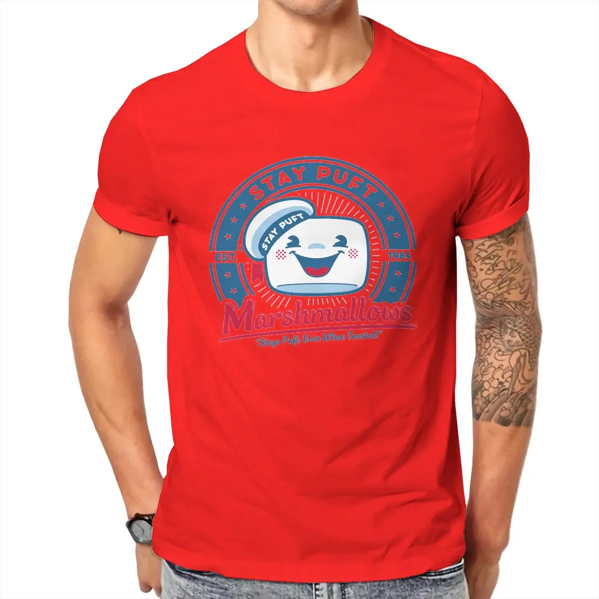 Marshmallow Graphic T-Shirt for Men - Classic O-Neck Pure Cotton Ghostbusters Design-Red-6XL-