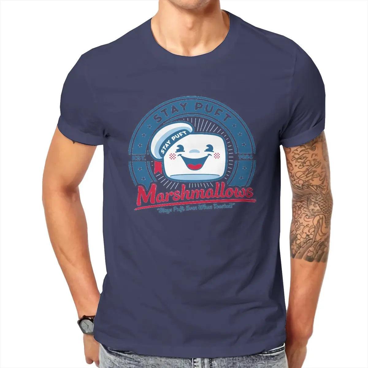 Marshmallow Graphic T-Shirt for Men - Classic O-Neck Pure Cotton Ghostbusters Design-Navy Blue-6XL-