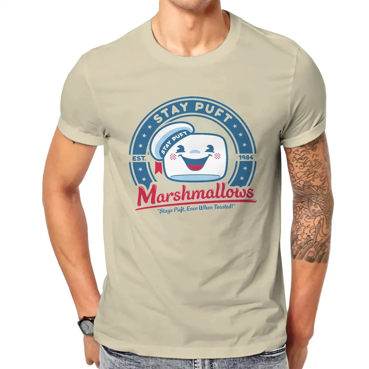 Marshmallow Graphic T-Shirt for Men - Classic O-Neck Pure Cotton Ghostbusters Design-Khaki-6XL-