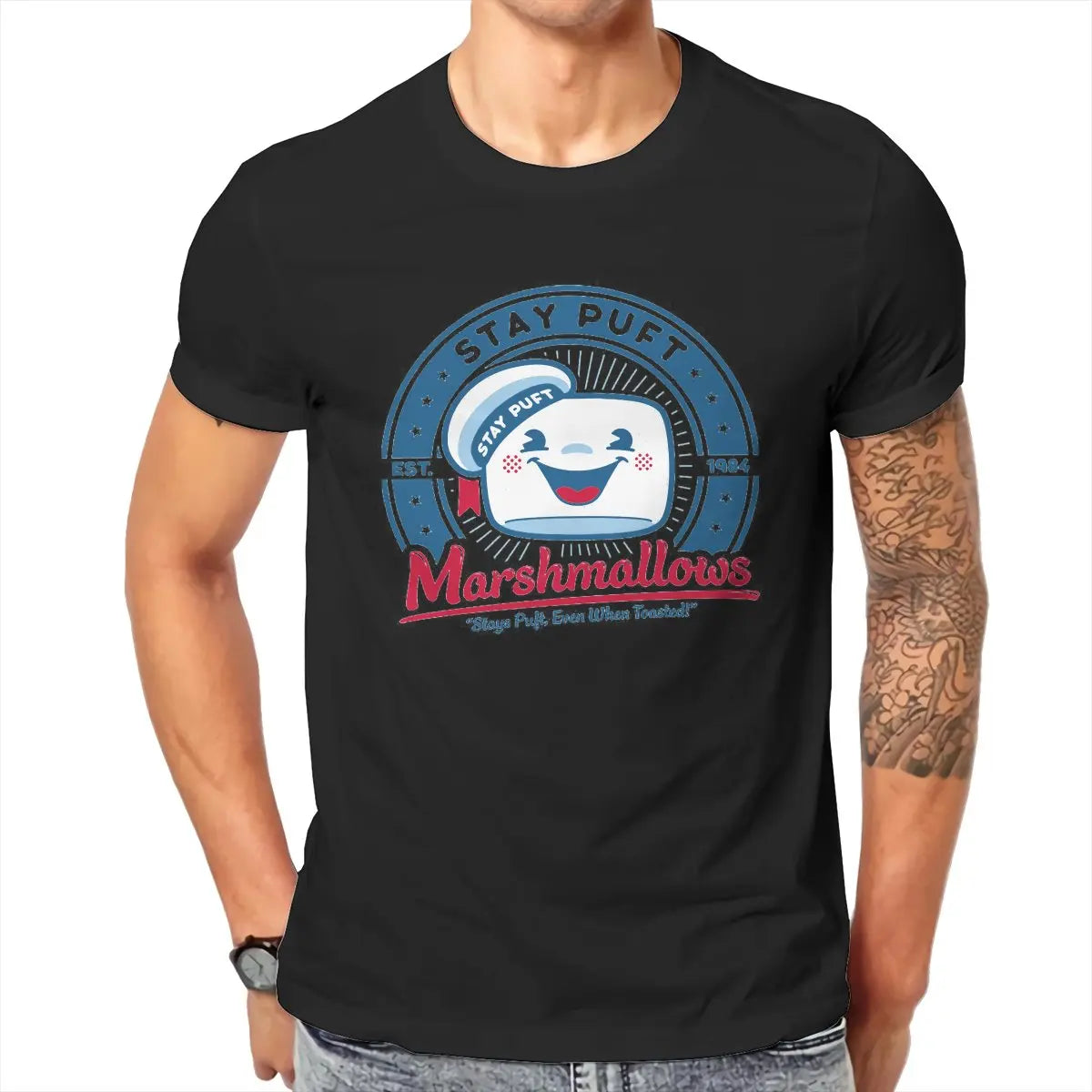 Marshmallow Graphic T-Shirt for Men - Classic O-Neck Pure Cotton Ghostbusters Design-black-6XL-