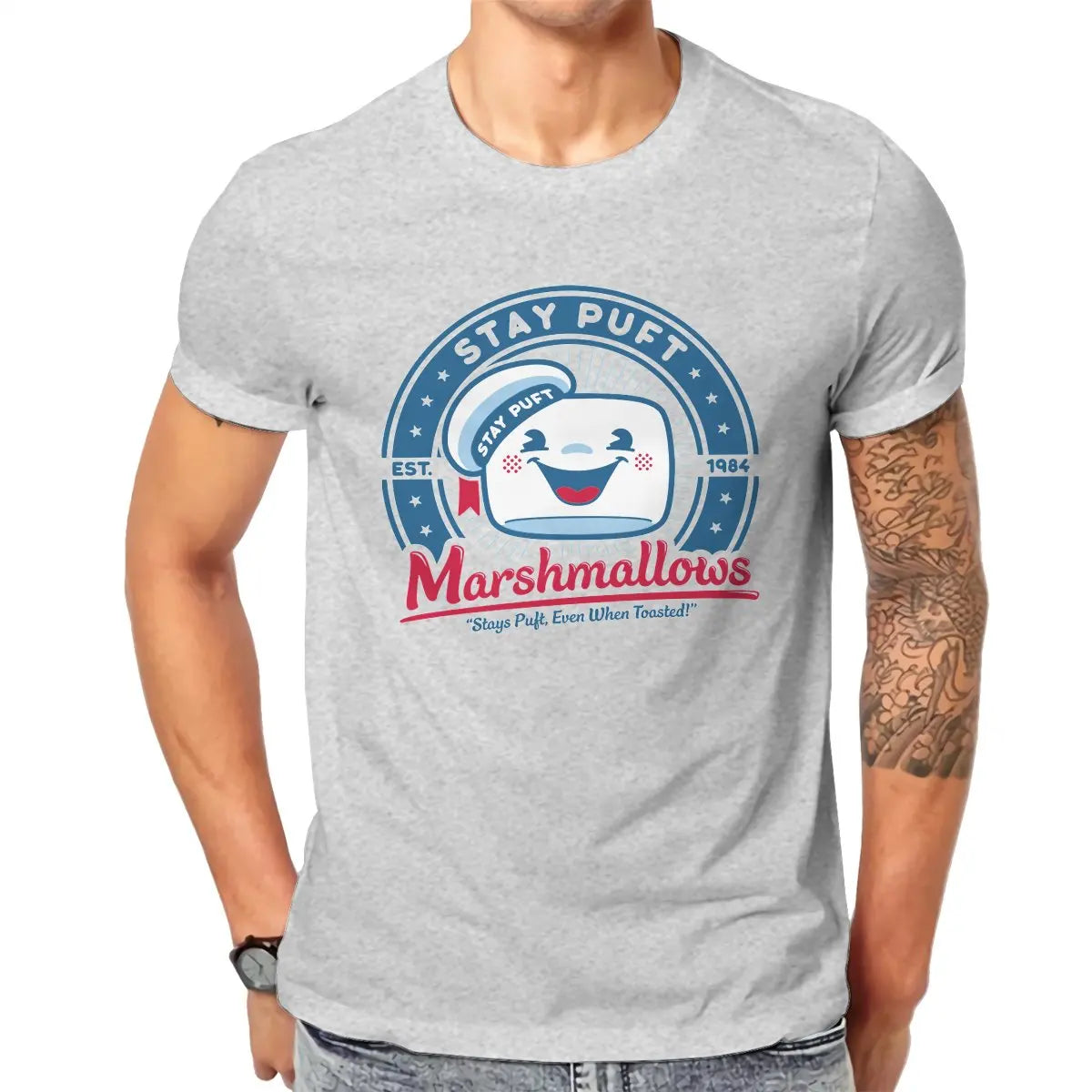 Marshmallow Graphic T-Shirt for Men - Classic O-Neck Pure Cotton Ghostbusters Design-GRAY-6XL-