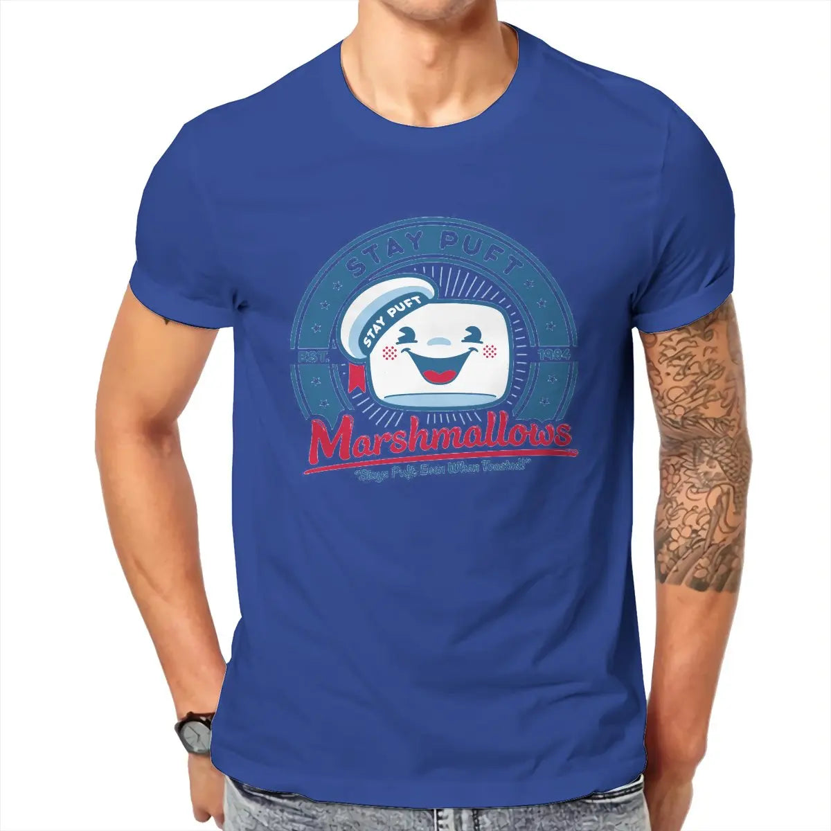 Marshmallow Graphic T-Shirt for Men - Classic O-Neck Pure Cotton Ghostbusters Design-Blue-6XL-