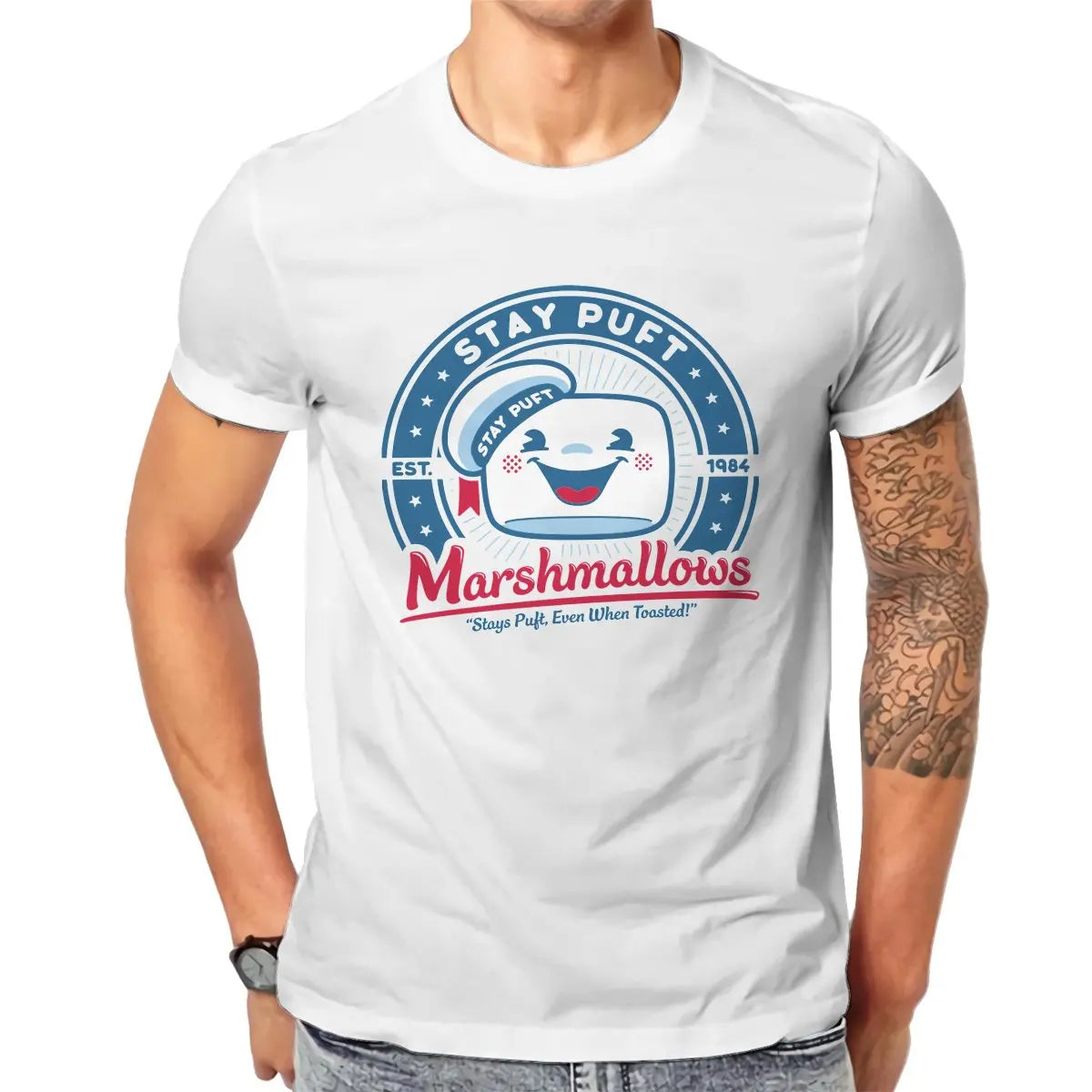 Marshmallow Graphic T-Shirt for Men - Classic O-Neck Pure Cotton Ghostbusters Design-WHITE-6XL-