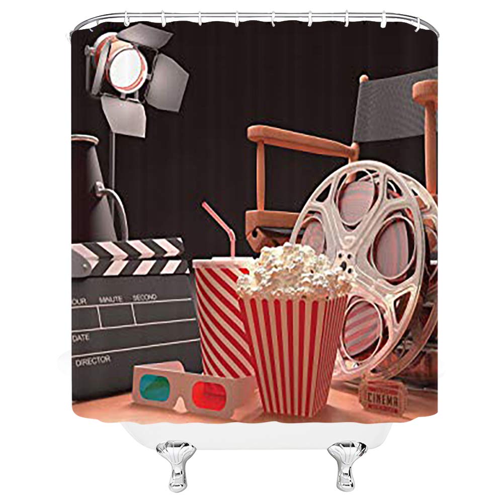 Movie Theater Shower Curtain, Objects of The Film Industry Hollywood Motion Picture Cinematography Concept, Cloth Fabric-A1-150X180cm-